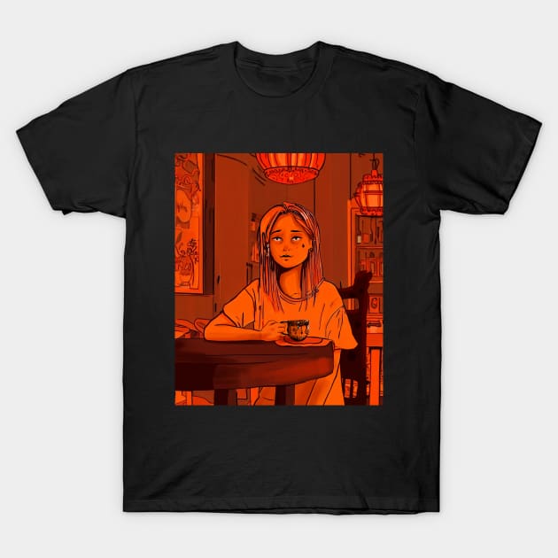 Melancholic girl drinking tea in traditional Chinese home T-Shirt by Eccentric-ink